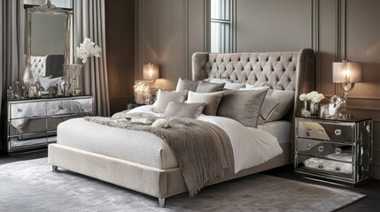 Obraz premium Velvet upholstered bed and mirrored side tables in a glamorous bedroom, bathed in soft lighting, creating a luxurious, hotel-like ambiance