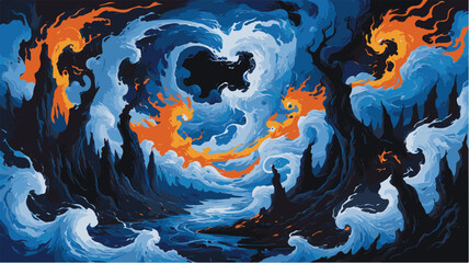 Fiery surreal landscape with swirling dark silhouettes.