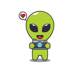 alien with camera. mascot cartoon character vector illustration.