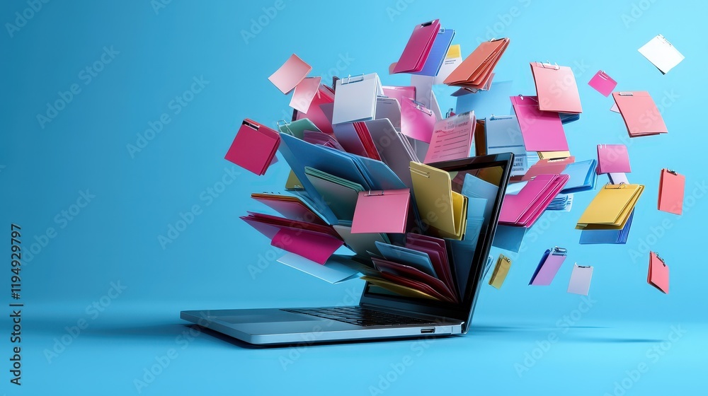 Poster dynamic digital marketing transformation with colorful files exploding from laptop on aqua backgroun