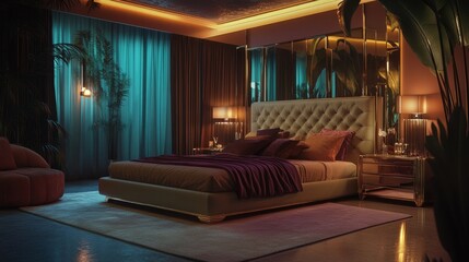 Velvet-upholstered bed and mirrored tables in a chic bedroom, illuminated by soft lighting, creating a luxurious, hotel-like retreat