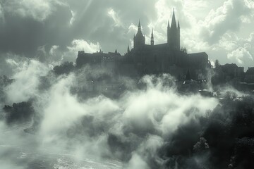 Fototapeta premium Mysterious castle shrouded in fog on a dramatic cloudy day near a river