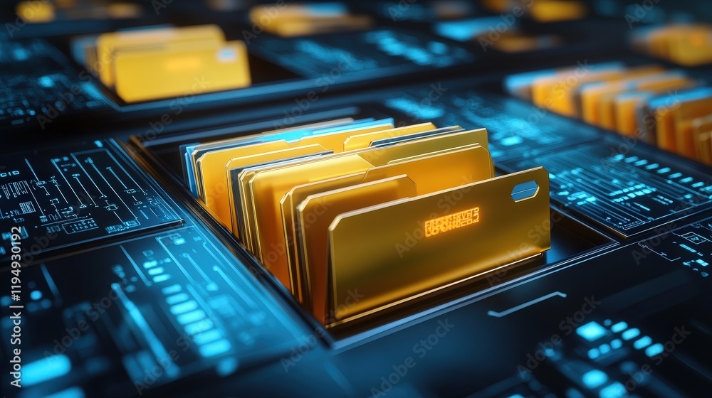 Poster yellow folder containing digital files on futuristic data storage background with technology element