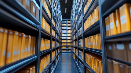 Fototapeta premium Organized Storage Room with Bright Yellow Boxes on Metal Shelves in a Modern Business Environment Highlighting Efficient File Management Techniques