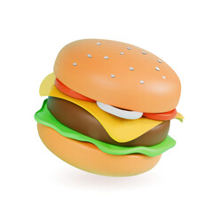 3D burger icon. Cheeseburger or hamburger fast food isolated on white background.