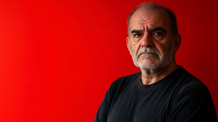 Obraz premium Frowning man in front of bright red background during daytime