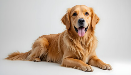 Fototapeta premium Studio shot of a beautiful golden retriever smiling and panting against a white background, showcasing the breed's friendly and playful nature
