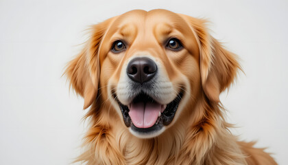 Studio shot of a beautiful golden retriever smiling and panting against a white background, showcasing the breed's friendly and playful nature
