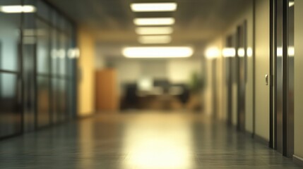 Blurred office hallway with glass doors and long bright ceiling lights modern design