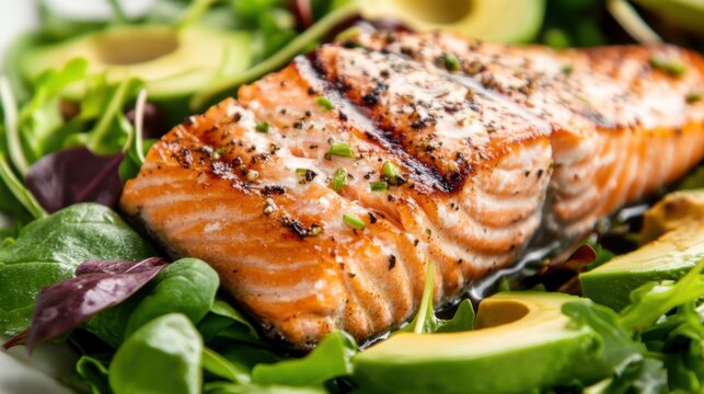 A close-up of a balanced ketogenic dinner, featuring grilled salmon, avocado