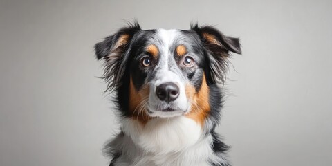 Australian Shepherd dog with striking black and tan fur and soulful eyes centered against a neutral white background.