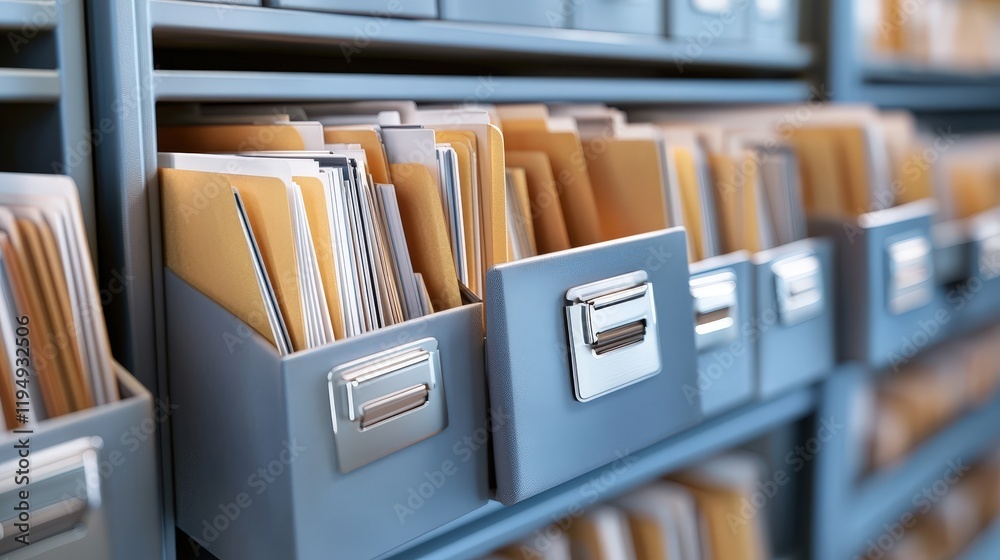 Poster organized files in modern office storage system with paper documents in neat configuration for busin