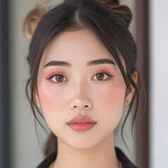 Naklejka premium a close up of a woman with a pink makeup and a black shirt