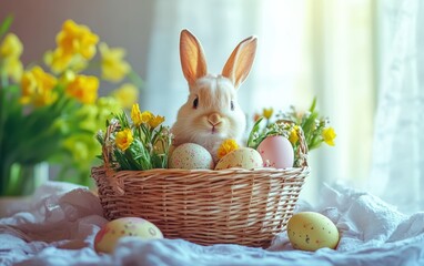 A small rabbit nestled in a colorful basket filled with vibrant Easter eggs, symbolizing the joy and celebration of the Easter holiday.