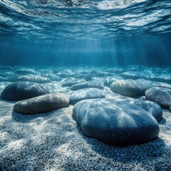 Underwater Exploration of Rocky Shoreline with Rounded Rocks and Smooth Sand Coastal Environment Serene Viewpoint