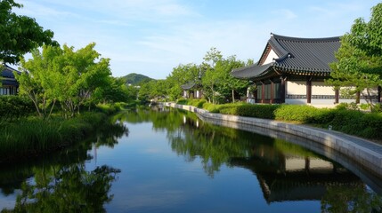 Obraz premium Peaceful Canal with Traditional Houses