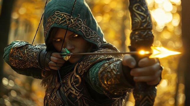 In the enchanting beauty of an autumn forest, a hooded elf archer steadies her aim, her determined gaze fixed on the target as the golden hour bathes the scene in a warm glow