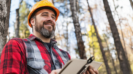 Construction supervisor in safety helmet using tablet in forest. Shows digital transformation in construction industry.