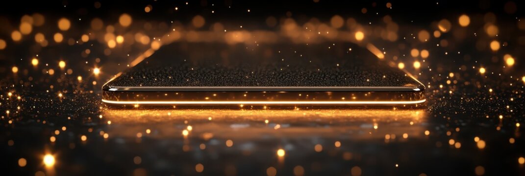 Luxurious gold and black theme with glowing text showcasing an elegant smartphone on a sparkly surface, capturing the essence of modern sophistication and high-end technology