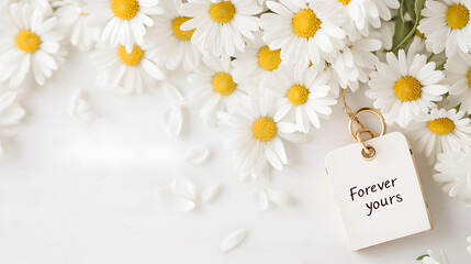 Obraz premium A heartfelt message on a keychain tag reading 'forever yours' surrounded by fresh white daisies, perfect for romantic occasions or floral-themed projects. Selective focus