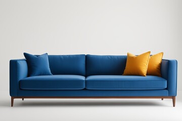 a close up of a blue couch with two yellow pillows