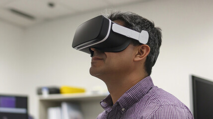 Individual using virtual reality headset for analysis in a modern workspace environment