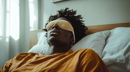Obraz premium Resting comfortably with a sleep mask while taking a break in a calm bedroom environment