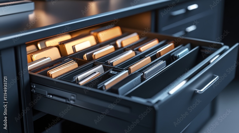 Poster organized office drawer displaying various mobile devices for business and technology enthusiasts in