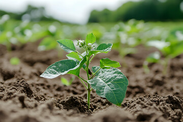 Organic cotton plant blossoming in a sustainable agricultural field, highlighting environmental care and natural growth