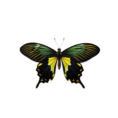 Emerald Swallowtail Butterfly: A vibrant emerald swallowtail butterfly with striking black and yellow patterns unfurls its wings against a plain backdrop.