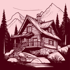 Naklejka premium Wood cabin in the mountains vector illustration