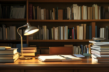 Neatly Arranged Work Desk with a Reading Lamp and Cozy Workspace Ambiance-