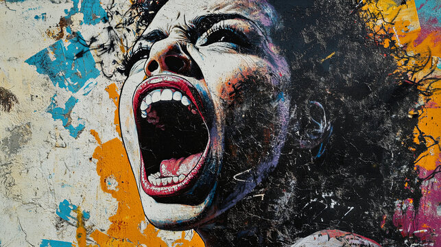 A woman with a mouth wide open is painted on a wall