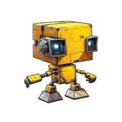 Cute Little Robot: This adorable, cartoon-style robot with bright blue eyes, a yellow body.