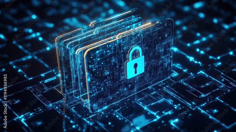 Poster digital security concept with lock symbol on abstract folders in technology and business context wit