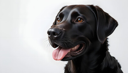 Fototapeta premium Capturing the joy of a happy black labrador retriever, panting with its tongue out against a clean white background, creating an ideal image for pet and animal themes