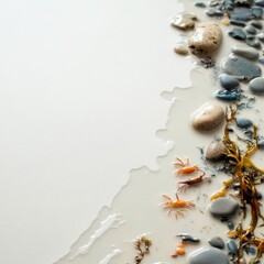 Obraz premium Exploring Tidal Pools Tiny Crabs Wet Pebbles and Scattered Kelp Rocky Shoreline