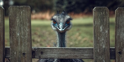 Emu with raised head peering over a weathered wooden gate surrounded by blurred greenery and soft sunlight in the background showcasing earthy tones