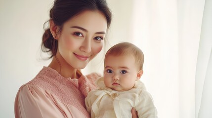 In a softly lit room, a radiant mother lovingly cradles her newborn, embodying warmth and affection during a precious moment of pure connection