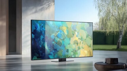 Fototapeta premium A modern television displaying abstract art in an outdoor setting.