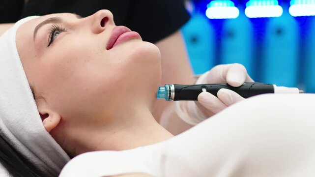 A professional esthetician performs RF lifting and vacuum facial massage to tighten and rejuvenate skin. Concept of modern skincare treatments and anti-aging solutions.