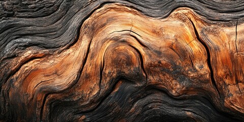 Textured close-up of an aged tree trunk with swirling patterns in rich browns and oranges, set against a dark wooden background.