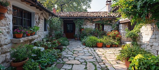 Fototapeta premium Stone house courtyard garden, plants, flowers, sunny day. Ideal for travel brochures