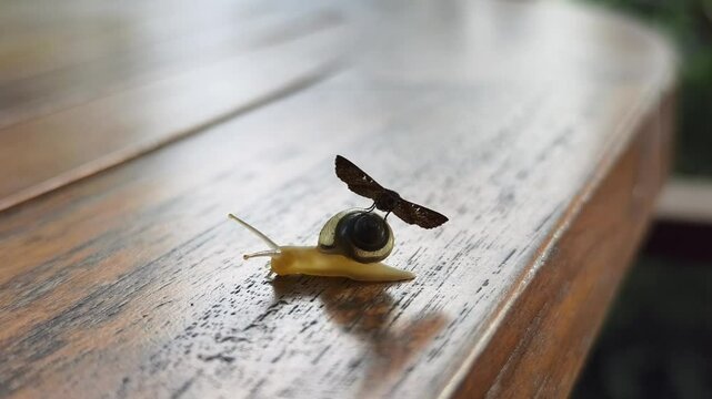A Cogia butterfly insect lands on the shell of a garden snail 