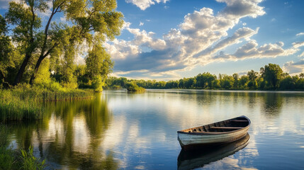 Naklejka premium Tranquil afternoon view of a fishing boat moored on a serene lake surrounded by lush greenery