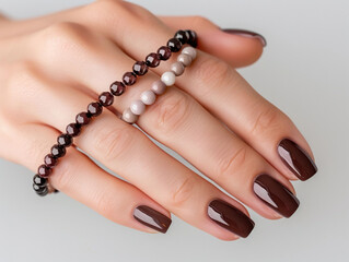 Macro horizontal shot of hands with glossy chocolate brown nails resting on a smooth white surface