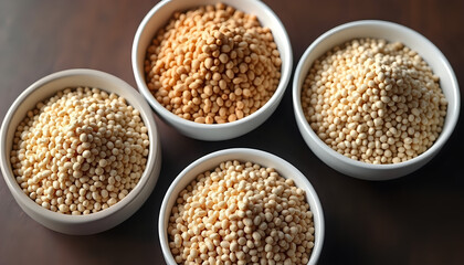 six white bowls of food on a table