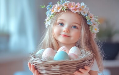 A young girl in traditional attire holds a basket filled with colorful painted eggs and vibrant flowers, symbolizing Easter joy and celebration.