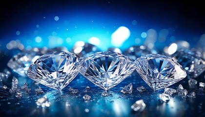 Close-up of three diamonds with a blurred blue background, showcasing more diamonds in the distance."