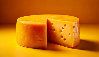 Piece of cheese on yellow background.